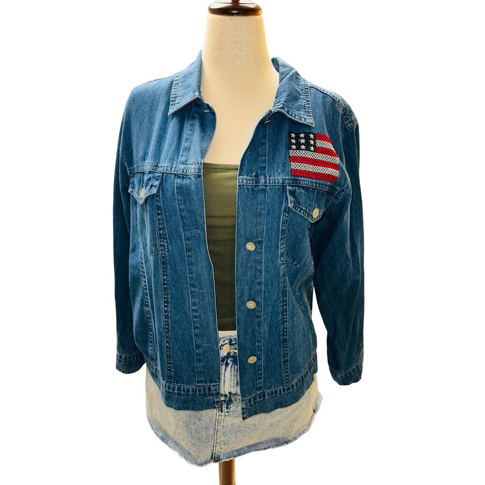 Denim & Co Vintage 90s Americana‎ Embroidered Denim Jacket Medium Patriotic Boho